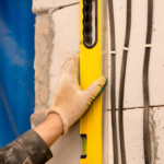 Close-up of a builder wearing work gloves holding a long yellow spirit level vertically against a white stone wall during home renovation.