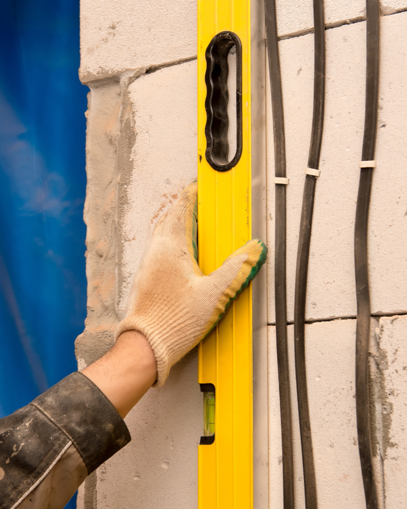 Close-up of a builder wearing work gloves holding a long yellow spirit level vertically against a white stone wall during home renovation.